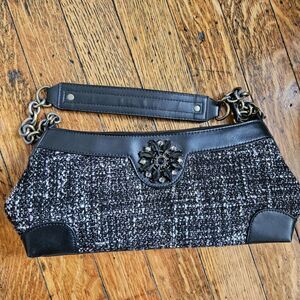 Worthington Tweed Chain Shoulder Bag w/ Gem Hardware — Classic Evening Baguette